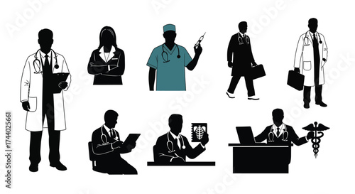 Diverse silhouettes of medical professionals engaged in healthcare activities and medical professions vector