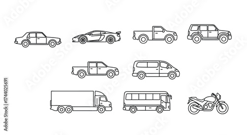 Collection of hand-drawn vehicle silhouettes featuring cars trucks vans and motorcycle icons vector
