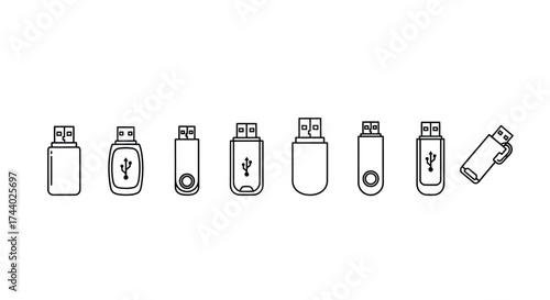 Collection of stylized usb flash drive icons in a row with hand-drawn sketchy appearance vector