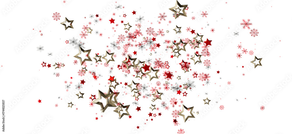Naklejka premium Christmas background with red and gold stars, snowflakes, and glitter on a white backdrop. Perfect for holiday designs and cheerful greetings.