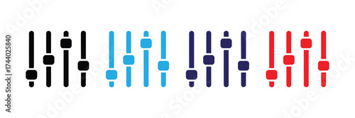 Set of four different color sliders, black, blue, dark blue, and red, isolated on transparent background