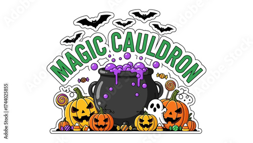 Magic Cauldron: An illustration of a bewitching cauldron with an eerie purple concoction. Adorning the scene are pumpkins, treats and spooky bats in a scene set for a thrilling Halloween.