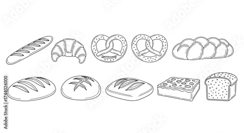 Collection of delicious baked goods assortment delicious bread pastries croissants pretzels food items vector