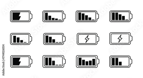 Set of battery charge icons illustrating power levels from full to empty hand-drawn style vector