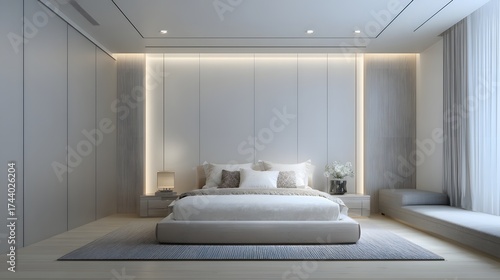 3D rendering of modern bedroom soft lighting minimal design