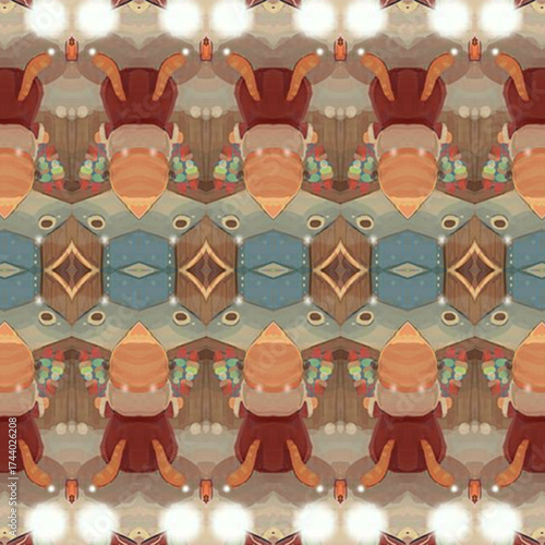 Playful cartoon symmetry pattern featuring cute fantasy shapes and cozy colors, ideal for textile, wallpaper, or creative backgrounds.