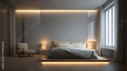 3D rendering of modern bedroom soft lighting minimal design