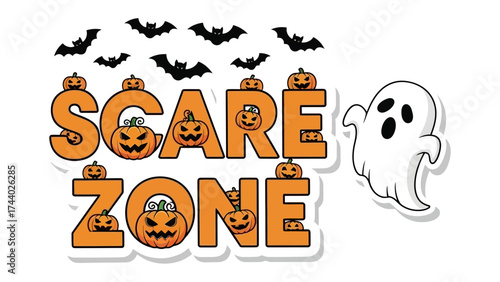 Spooky Scare Zone: A playful Halloween scene featuring a scare zone sign adorned with pumpkin and bats and a friendly ghost character. 