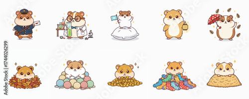 Illustration of a group of hamster characters in various activities and settings