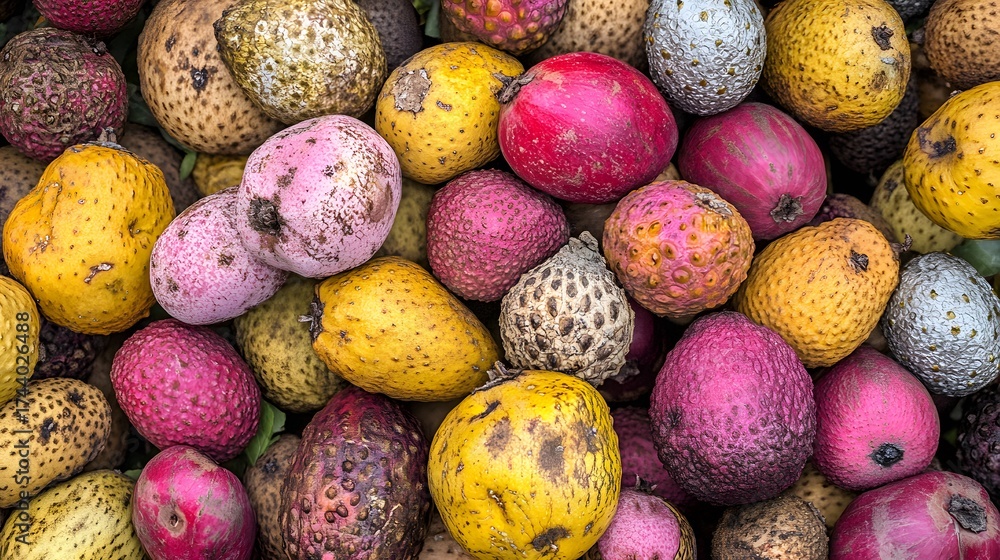 Obraz premium Colorful and Textured pile of Annona Fruits in Vibrant Hues Detail