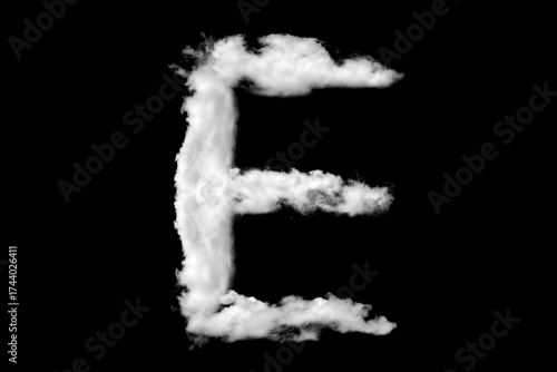 White capital letter E cloud shapes isolated on black background. Cloud alphabet