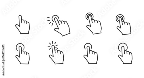 Collection of hand cursor icons showing click and touch interactions on vector
