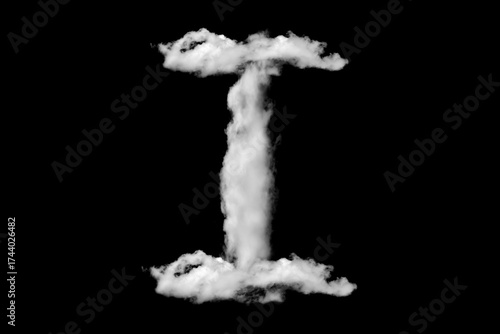 White capital letter I cloud shapes isolated on black background. Cloud alphabet