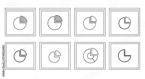 Eight hand drawn sketch style pie chart icons representing data visualization and financial analytics vector
