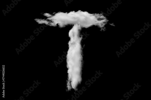 White capital letter T cloud shapes isolated on black background. Cloud alphabet