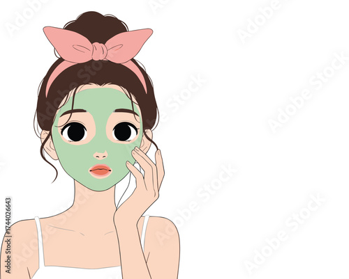 Beautiful girl with green facial mask, skincare routine illustration, spa treatment cartoon, self care beauty concept, relaxing cosmetic face mask
