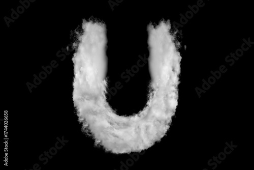 White capital letter U cloud shapes isolated on black background. Cloud alphabet