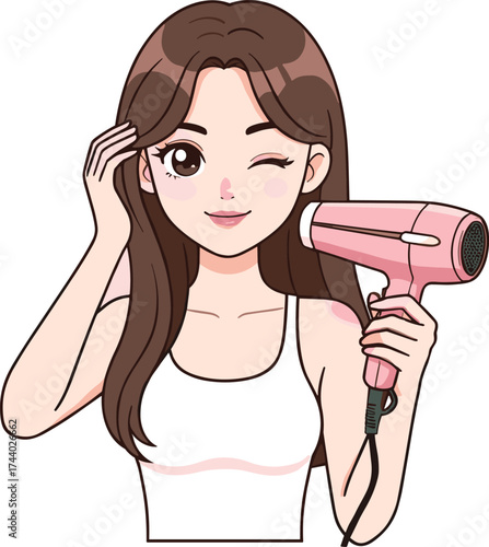 Beautiful girl drying hair with hair dryer, beauty care illustration, hair styling cartoon, self care routine, salon concept artwork, pink dryer