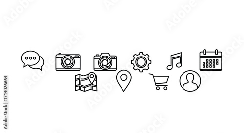 Collection of essential modern outline icons for digital applications and user interfaces vector