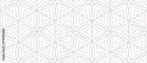 Subtle vector linear geometric seamless pattern with floral silhouettes, leaves, hexagonal grid, thin lines. Grey and white abstract texture. Oriental geometric background. Repeated minimal geo design