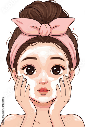 Beautiful young woman with face mask, skincare routine, beauty treatment, spa day, relaxing facial care, natural glow, healthy skin, cosmetic cleansing, girl with headband, self care concept
