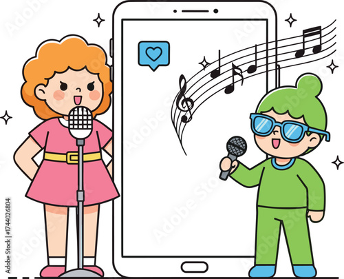 Cartoon singers performing with microphones, music notes and smartphone screen, cute kids singing illustration, online karaoke concert, social media music sharing