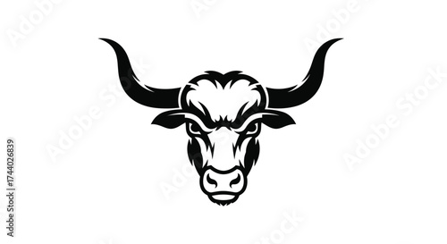 Black and white bull head logo with horns Keywords: bull, animal, mammal, head, face, horns