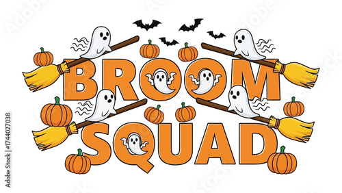 Broom Squad Halloween: A whimsical and festive Halloween design features the words Broom Squad with ghosts on broomsticks, pumpkins, and bats, celebrating the spirit of the spooky season. 
