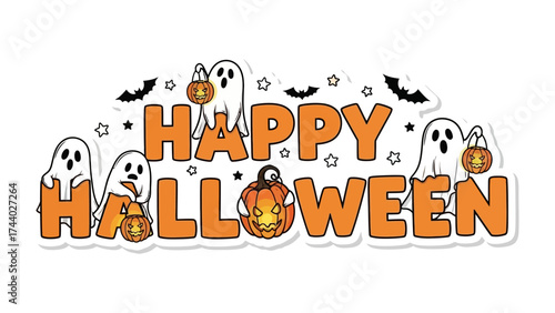 Halloween Festivities: A vibrant and festive Halloween illustration, perfect for capturing the essence of the spooky holiday, featuring cheerful ghosts, illuminated pumpkins, and playful bats.