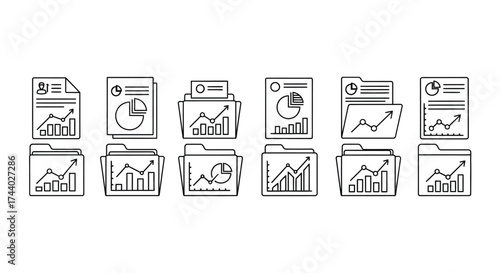 Set of hand drawn business analytics charts graphs and financial data icons in folders organized for presentation vector