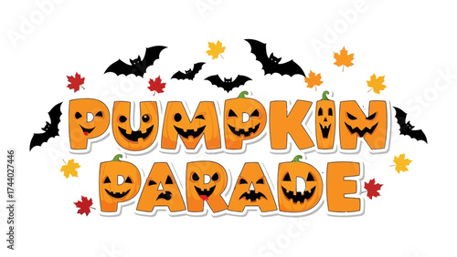 Pumpkin Parade: A vibrant title image showcasing a festive autumn parade with grinning pumpkins and bats, all set against a lively backdrop of falling leaves.