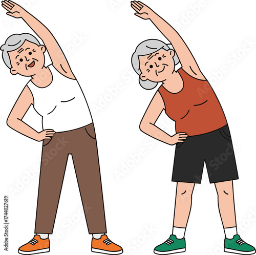Senior couple exercising together, elderly people doing morning stretching workout, healthy lifestyle illustration for fitness, wellness, and active aging concept