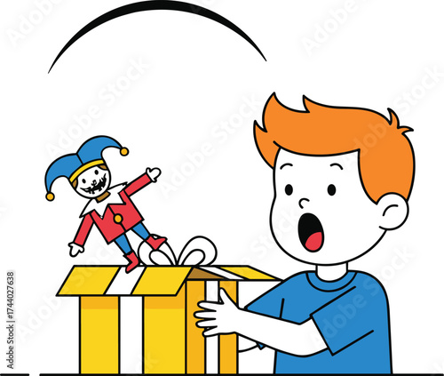 Surprised boy opening gift box with jack in the box toy, cartoon illustration showing fun, surprise, and playful childhood moment