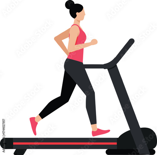 Woman running on treadmill, female fitness training illustration, indoor cardio exercise, healthy lifestyle workout concept for gym and wellness design