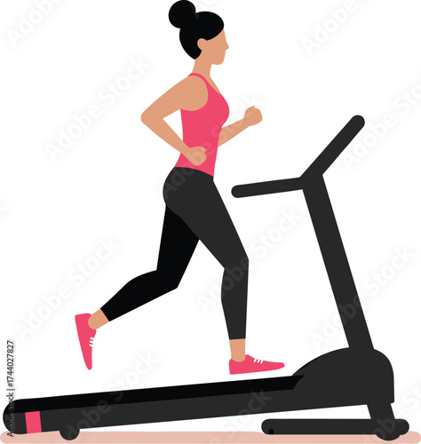 Woman running on treadmill, fitness workout exercise, female athlete training indoors, healthy lifestyle, gym activity, cardio fitness illustration design