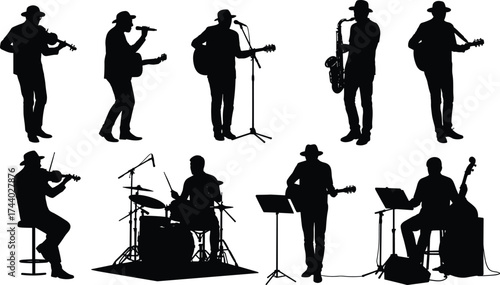 Musician band black silhouette vector illustration with guitar, drum, saxophone, violin, and singer performing on stage for music artwork design