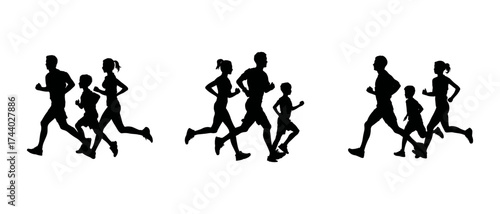 Vector illustration depicting silhouettes of a family jogging in different formations. The image showcases an active and healthy lifestyle, promoting fitness and togetherness.