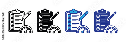 Set of four checklist icons with a pen and a speedometer, representing task completion and performance metrics, isolated on transparent background