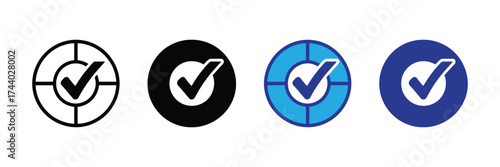 Set of four different checkmark icons in a circle, including outline, black, blue, and dark blue versions, representing confirmation or success isolated on transparent background