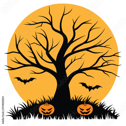 Two bats fly near spooky pumpkins beside a leafless tree during nighttime