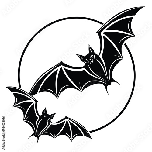 Two monochrome bats fly inside a simple round frame in front of a white backdrop