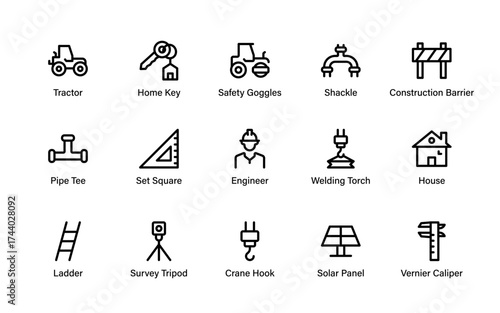 Engineering and construction tools icon set featuring vernier caliper, crane hook, solar panel, welding torch, and survey tripod for industrial design use.