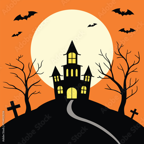 Bats fly above a spooky haunted house illuminated by the moon's light
