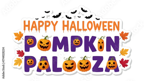 Happy Halloween Pumpkin Palooza: Vibrant Halloween banner featuring playful jack-o'-lanterns, festive autumn leaves, and spooky bats, inviting everyone to celebrate the spookiest night of the year.