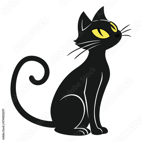 Black cat with bright yellow eyes sits proudly on a transparent background