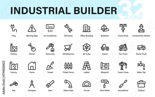 Industrial Builder icon set featuring construction tools, machinery, blueprints, vehicles, and factory symbols for professional engineering design use.