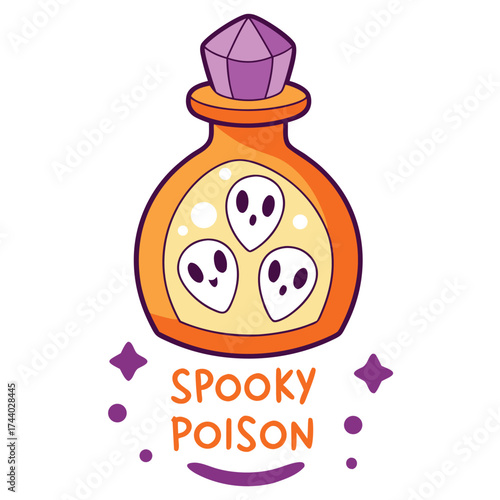 Cartoon orange bottle contains ghostly white spirit figures with crystal stopper on white background