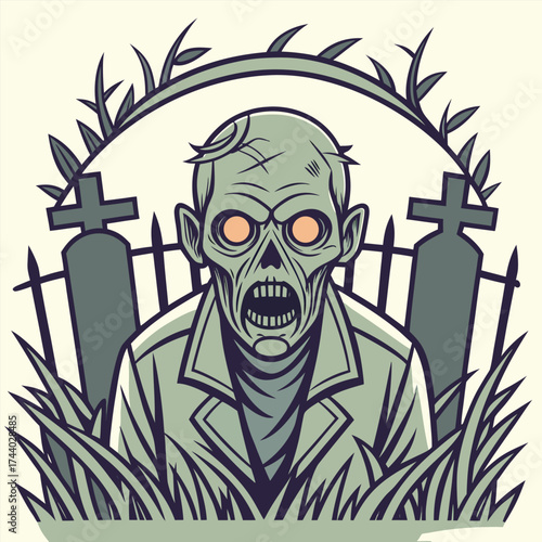 Cartoon zombie figure screams among the graveyard tombstones and overgrown plants creating spooky Halloween night atmosphere