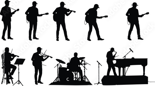 Musician band silhouette vector illustration featuring guitarist, drummer, violinist, pianist, and saxophone player performing live music concert design artwork