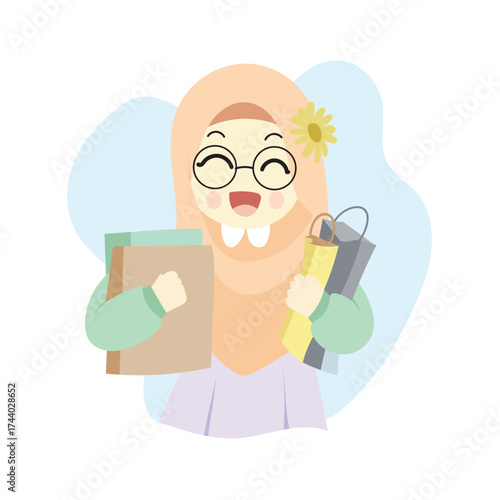 Muslim woman in hijab shopping holding gift and bags flat vector illustration for lifestyle and retail concept